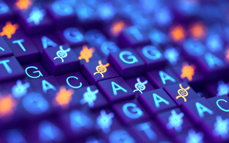 Digital screen with DNA strands and sequencing ATGC data background. Double helix structure. Nucleic acid sequence. Genetic research. 3d illustration.