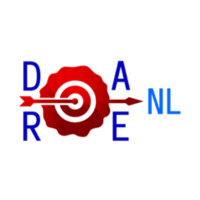 Logo of DARE NL, with the words Dare and NL around an arrow on a board.