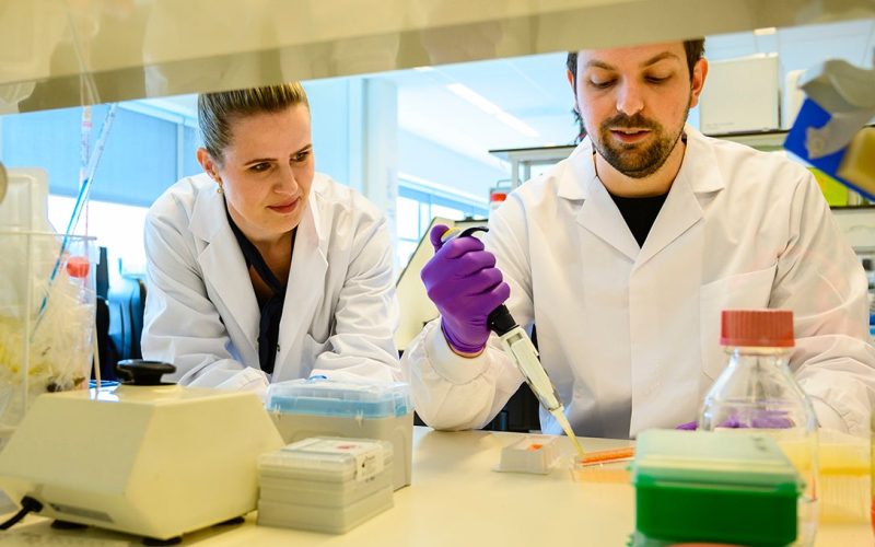 Researchers pipetting in the lab