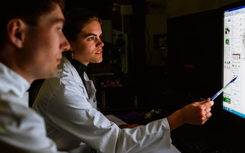 Two scientists looking at a computer screen