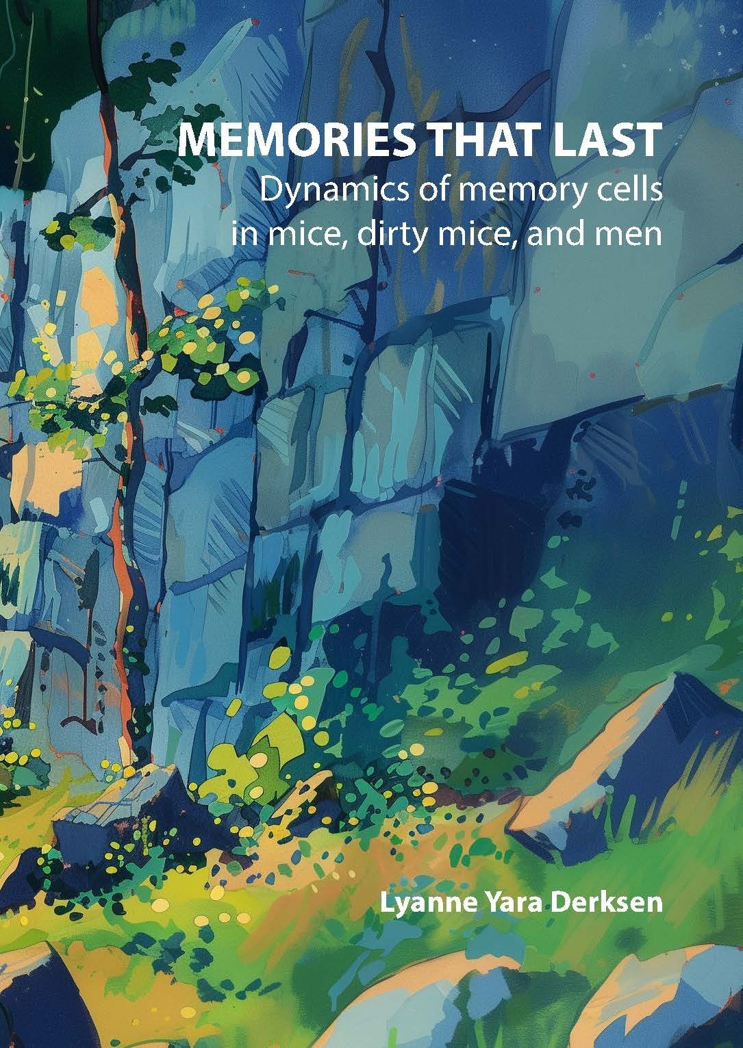 Cover PhD thesis Lyanne Derksen-Borghans, with the title 'Memories that last - Dynamics of memory cells in mice, dirty mice, and men'.